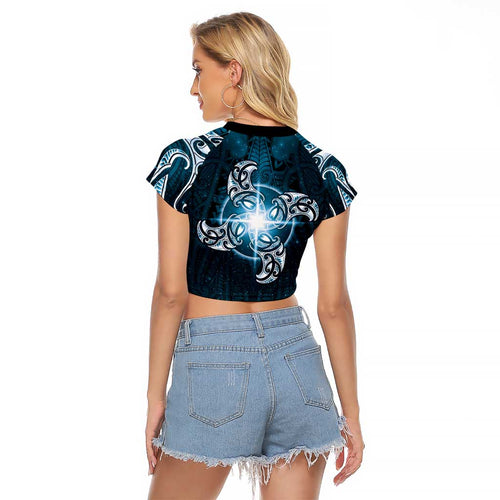 New Zealand Matariki Waita Raglan Cropped T Shirt Maori Moko Dark Blue Galaxy