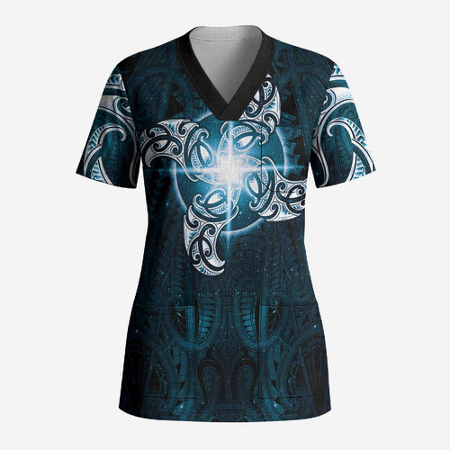 New Zealand Matariki Waita Scrub Top Maori Moko Dark Blue Galaxy