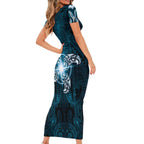 New Zealand Matariki Waita Short Sleeve Bodycon Dress Maori Moko Dark Blue Galaxy