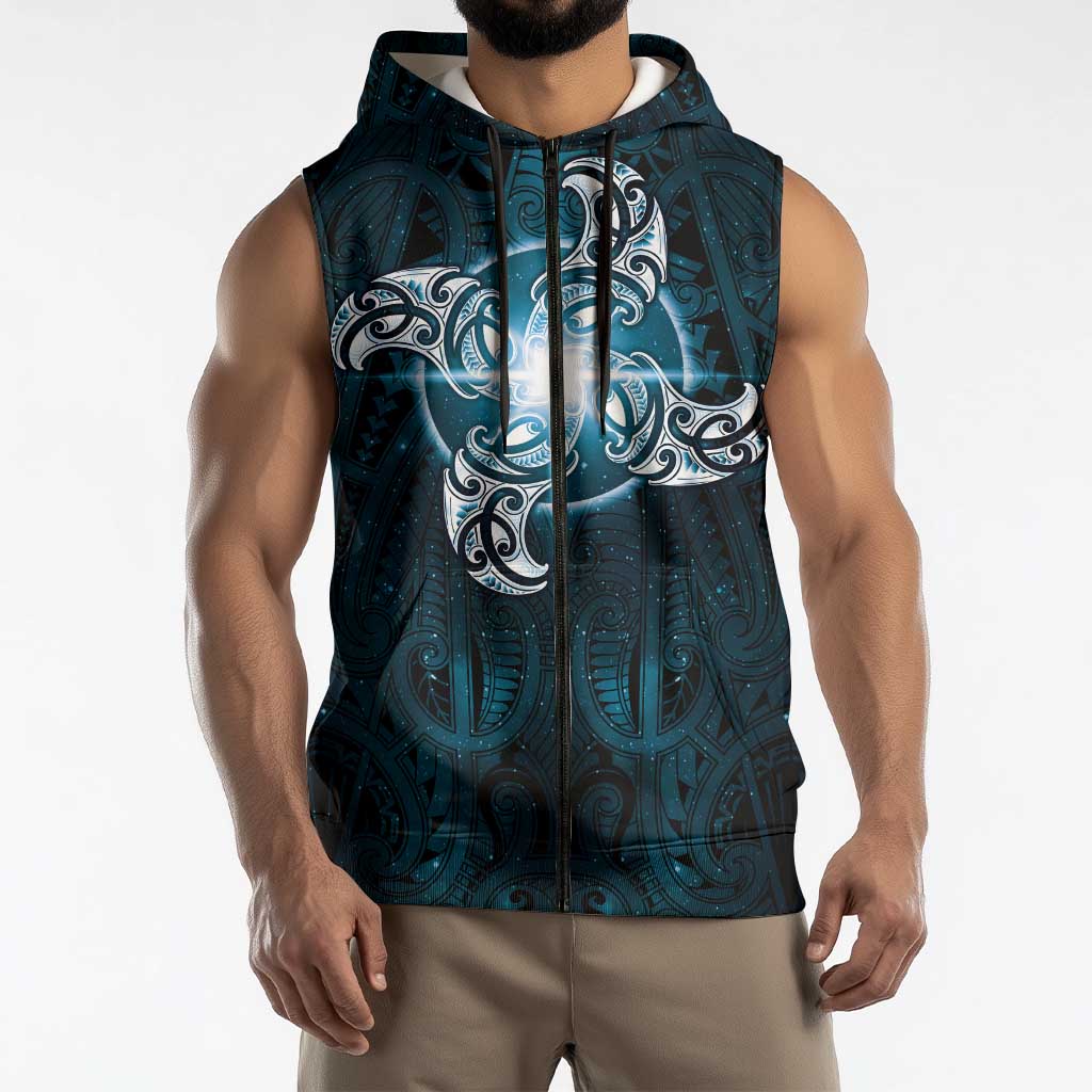 New Zealand Matariki Waita Sleeveless Zip Hoodie Maori Moko Dark Blue Galaxy