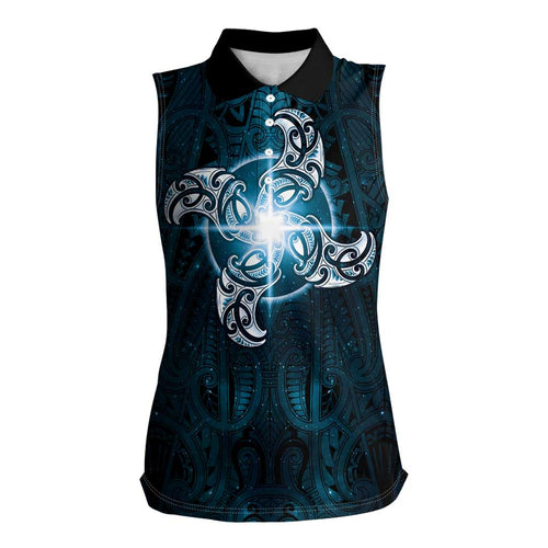 New Zealand Matariki Waita Women Sleeveless Polo Shirt Maori Moko Dark Blue Galaxy