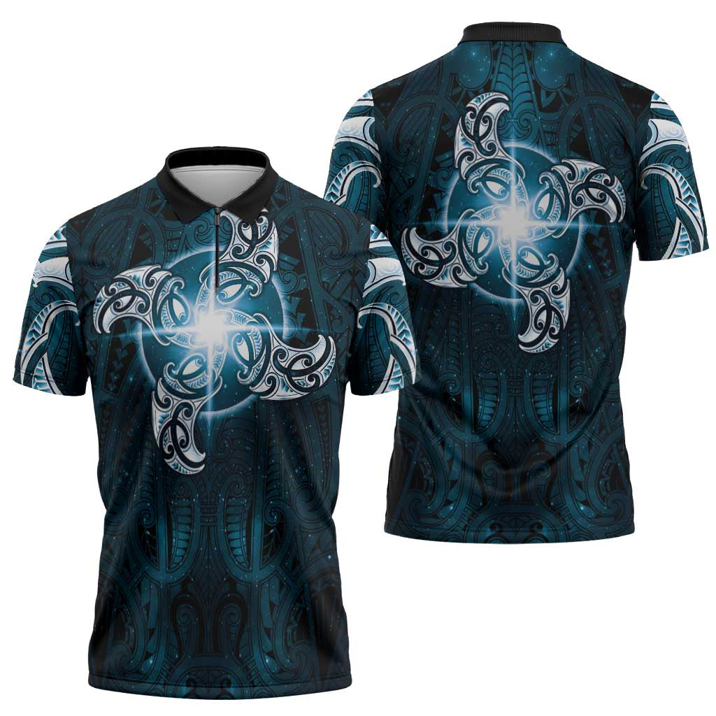 New Zealand Matariki Waita Zipper Polo Shirt Maori Moko Dark Blue Galaxy