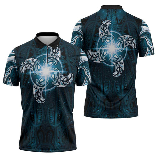 New Zealand Matariki Waita Zipper Polo Shirt Maori Moko Dark Blue Galaxy