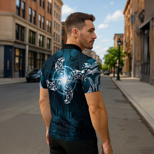 New Zealand Matariki Waita Zipper Polo Shirt Maori Moko Dark Blue Galaxy