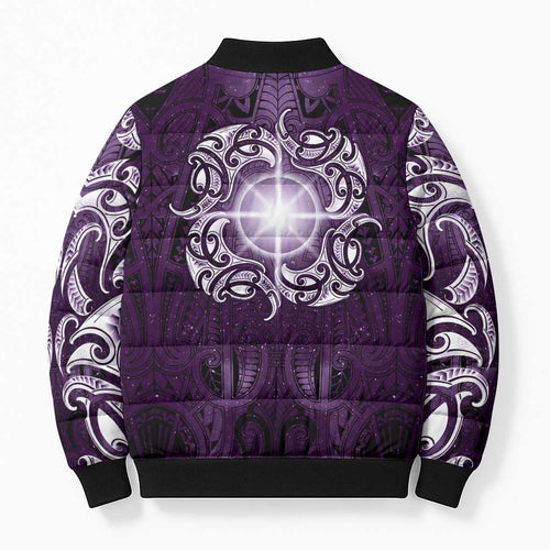 New Zealand Matariki Waipunarangi Bomber Puffer Jacket Maori Moko Purple Galaxy