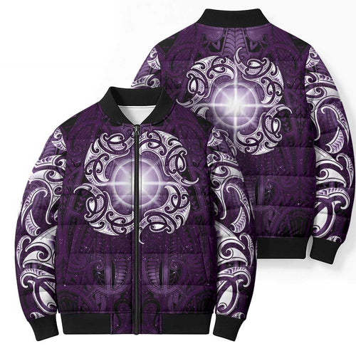 New Zealand Matariki Waipunarangi Bomber Puffer Jacket Maori Moko Purple Galaxy