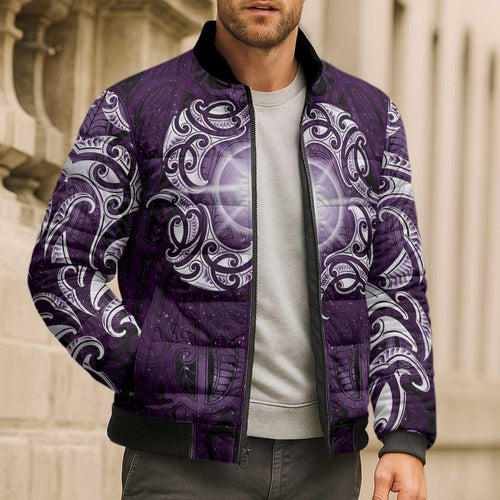 New Zealand Matariki Waipunarangi Bomber Puffer Jacket Maori Moko Purple Galaxy