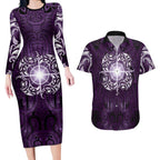 New Zealand Matariki Waipunarangi Couples Matching Long Sleeve Bodycon Dress and Hawaiian Shirt Maori Moko Purple Galaxy