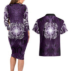 New Zealand Matariki Waipunarangi Couples Matching Long Sleeve Bodycon Dress and Hawaiian Shirt Maori Moko Purple Galaxy