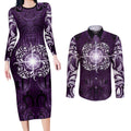 New Zealand Matariki Waipunarangi Couples Matching Long Sleeve Bodycon Dress and Long Sleeve Button Shirt Maori Moko Purple Galaxy