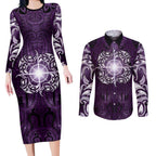 New Zealand Matariki Waipunarangi Couples Matching Long Sleeve Bodycon Dress and Long Sleeve Button Shirt Maori Moko Purple Galaxy