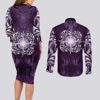 New Zealand Matariki Waipunarangi Couples Matching Long Sleeve Bodycon Dress and Long Sleeve Button Shirt Maori Moko Purple Galaxy