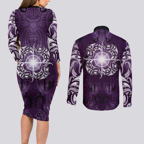 New Zealand Matariki Waipunarangi Couples Matching Long Sleeve Bodycon Dress and Long Sleeve Button Shirt Maori Moko Purple Galaxy
