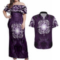 New Zealand Matariki Waipunarangi Couples Matching Off Shoulder Maxi Dress and Hawaiian Shirt Maori Moko Purple Galaxy
