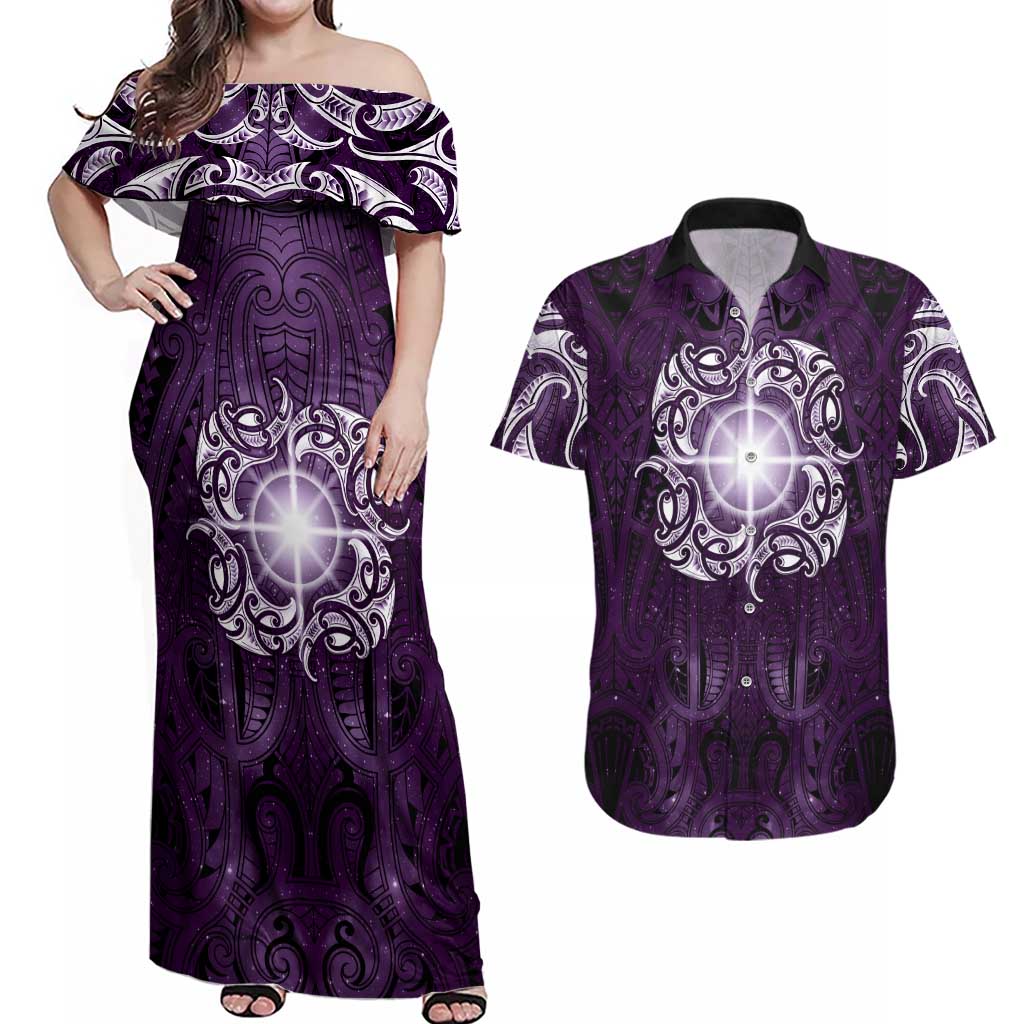 New Zealand Matariki Waipunarangi Couples Matching Off Shoulder Maxi Dress and Hawaiian Shirt Maori Moko Purple Galaxy
