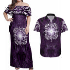 New Zealand Matariki Waipunarangi Couples Matching Off Shoulder Maxi Dress and Hawaiian Shirt Maori Moko Purple Galaxy