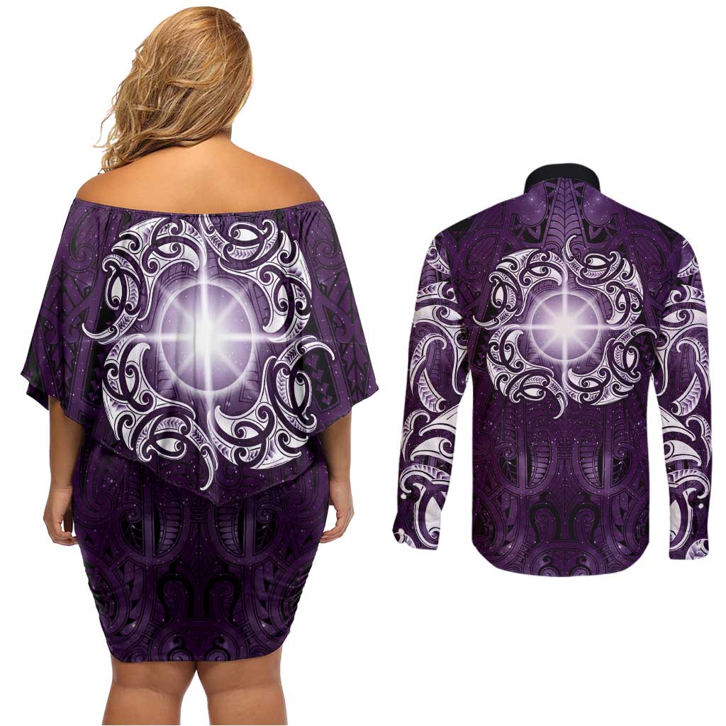 New Zealand Matariki Waipunarangi Couples Matching Off Shoulder Short Dress and Long Sleeve Button Shirt Maori Moko Purple Galaxy