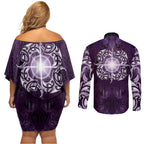 New Zealand Matariki Waipunarangi Couples Matching Off Shoulder Short Dress and Long Sleeve Button Shirt Maori Moko Purple Galaxy
