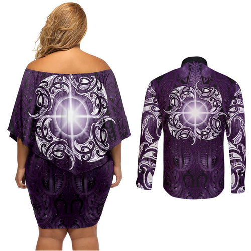 New Zealand Matariki Waipunarangi Couples Matching Off Shoulder Short Dress and Long Sleeve Button Shirt Maori Moko Purple Galaxy