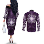 New Zealand Matariki Waipunarangi Couples Matching Off The Shoulder Long Sleeve Dress and Long Sleeve Button Shirt Maori Moko Purple Galaxy