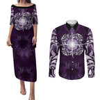 New Zealand Matariki Waipunarangi Couples Matching Puletasi and Long Sleeve Button Shirt Maori Moko Purple Galaxy