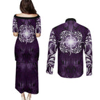 New Zealand Matariki Waipunarangi Couples Matching Puletasi and Long Sleeve Button Shirt Maori Moko Purple Galaxy
