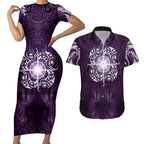 New Zealand Matariki Waipunarangi Couples Matching Short Sleeve Bodycon Dress and Hawaiian Shirt Maori Moko Purple Galaxy