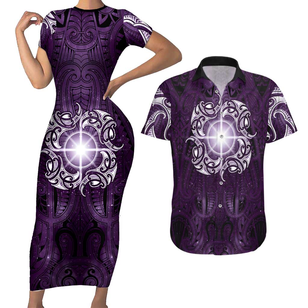 New Zealand Matariki Waipunarangi Couples Matching Short Sleeve Bodycon Dress and Hawaiian Shirt Maori Moko Purple Galaxy
