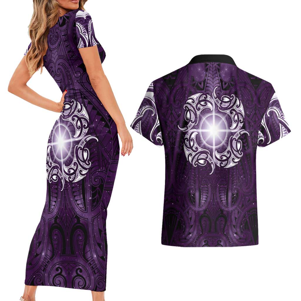 New Zealand Matariki Waipunarangi Couples Matching Short Sleeve Bodycon Dress and Hawaiian Shirt Maori Moko Purple Galaxy