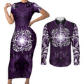 New Zealand Matariki Waipunarangi Couples Matching Short Sleeve Bodycon Dress and Long Sleeve Button Shirt Maori Moko Purple Galaxy