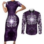 New Zealand Matariki Waipunarangi Couples Matching Short Sleeve Bodycon Dress and Long Sleeve Button Shirt Maori Moko Purple Galaxy