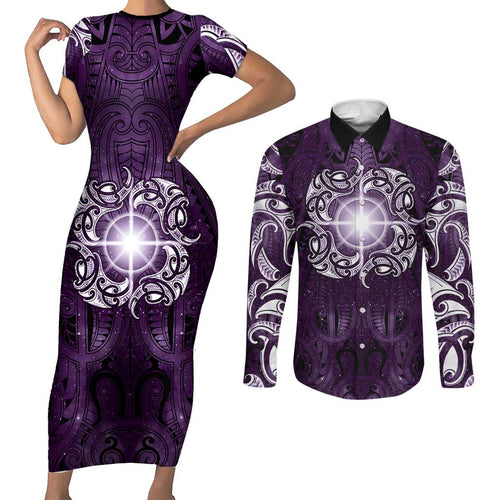 New Zealand Matariki Waipunarangi Couples Matching Short Sleeve Bodycon Dress and Long Sleeve Button Shirt Maori Moko Purple Galaxy