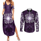 New Zealand Matariki Waipunarangi Couples Matching Summer Maxi Dress and Long Sleeve Button Shirt Maori Moko Purple Galaxy