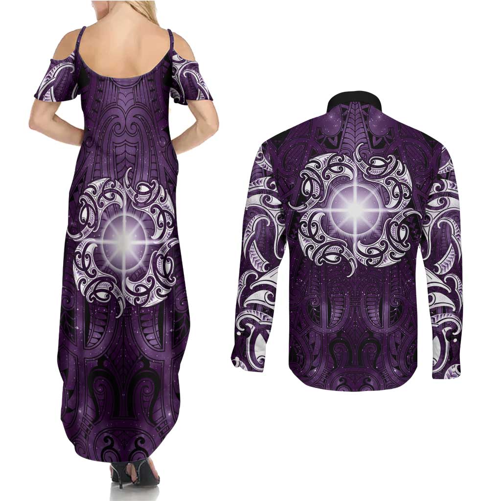 New Zealand Matariki Waipunarangi Couples Matching Summer Maxi Dress and Long Sleeve Button Shirt Maori Moko Purple Galaxy