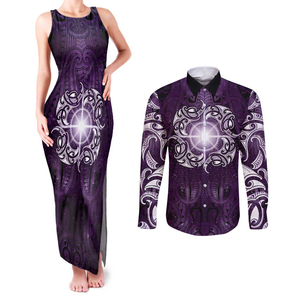 New Zealand Matariki Waipunarangi Couples Matching Tank Maxi Dress and Long Sleeve Button Shirt Maori Moko Purple Galaxy