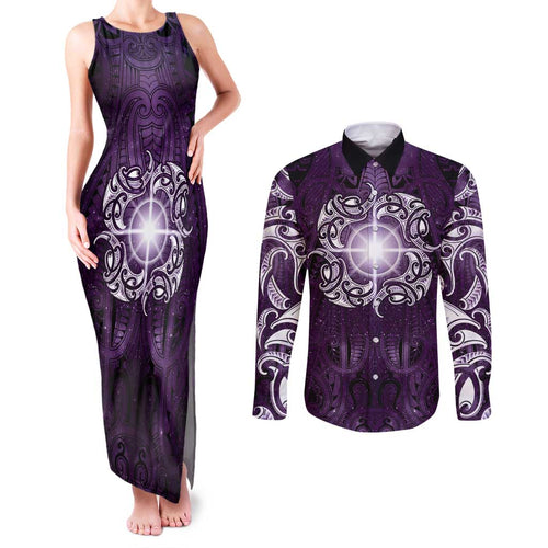 New Zealand Matariki Waipunarangi Couples Matching Tank Maxi Dress and Long Sleeve Button Shirt Maori Moko Purple Galaxy
