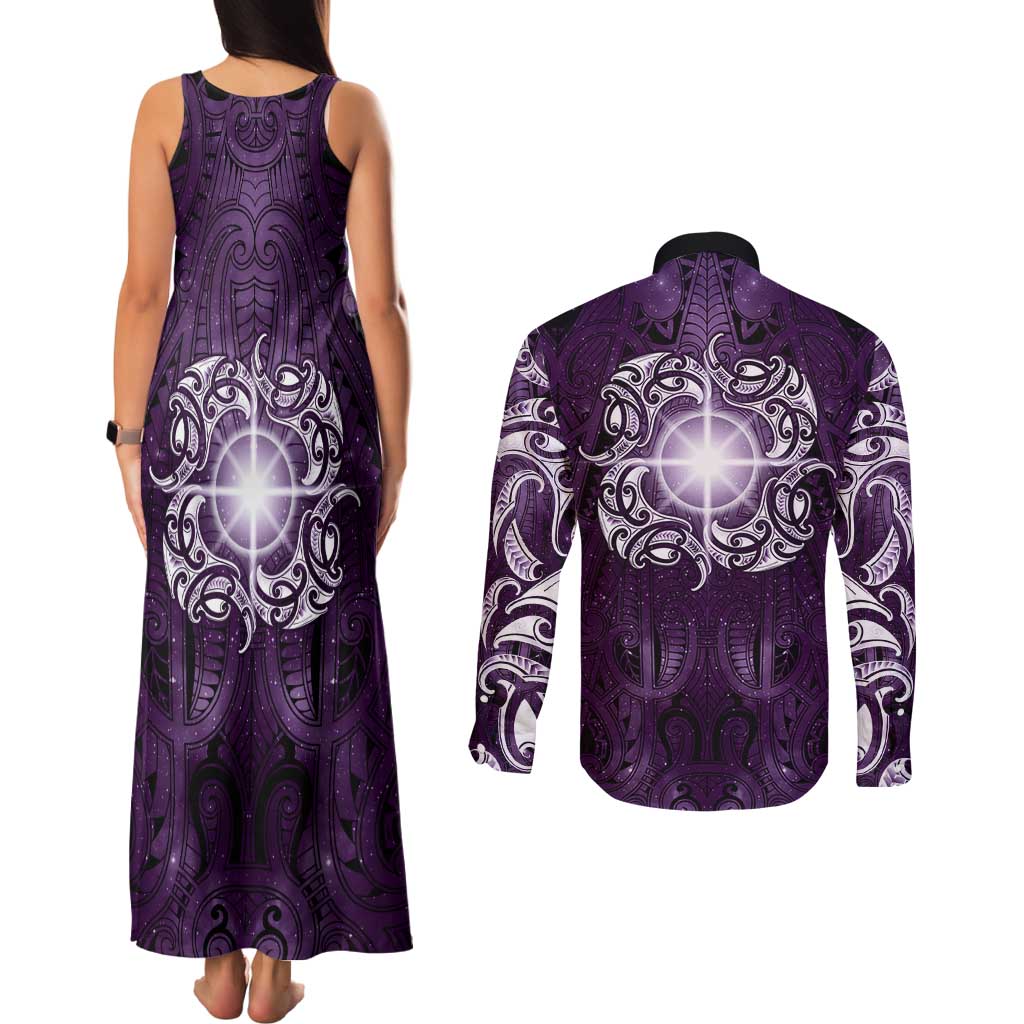 New Zealand Matariki Waipunarangi Couples Matching Tank Maxi Dress and Long Sleeve Button Shirt Maori Moko Purple Galaxy