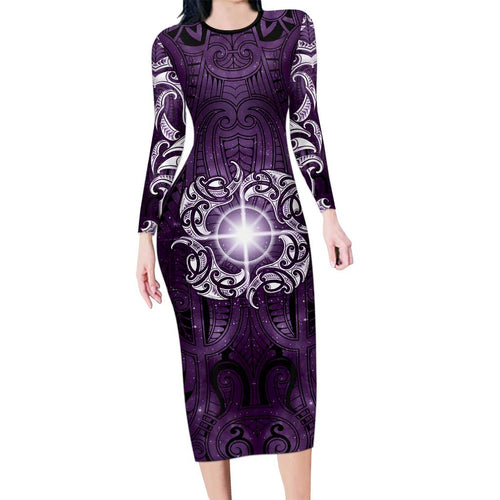 New Zealand Matariki Waipunarangi Family Matching Long Sleeve Bodycon Dress and Hawaiian Shirt Maori Moko Purple Galaxy