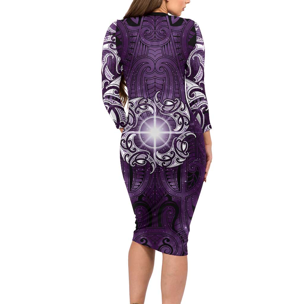 New Zealand Matariki Waipunarangi Family Matching Long Sleeve Bodycon Dress and Hawaiian Shirt Maori Moko Purple Galaxy
