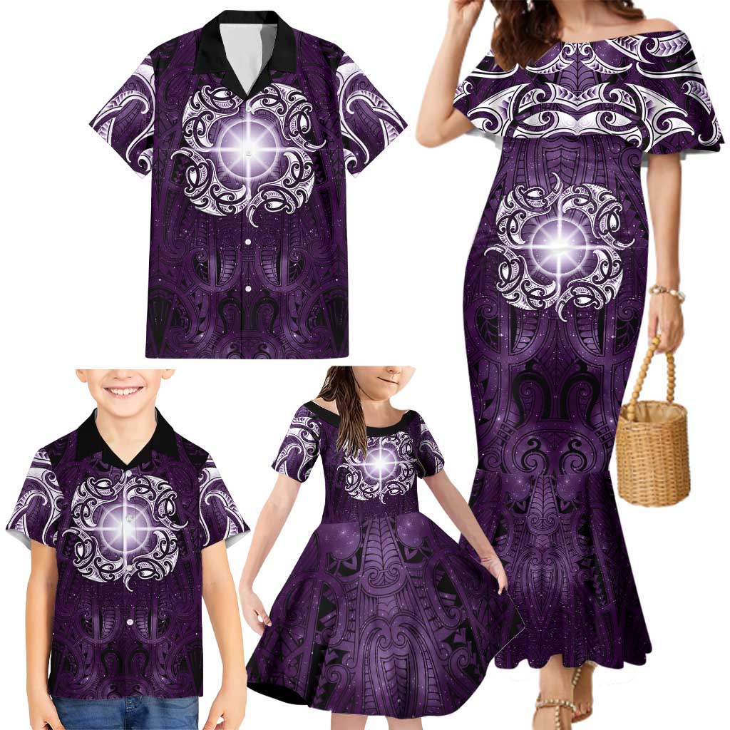 New Zealand Matariki Waipunarangi Family Matching Mermaid Dress and Hawaiian Shirt Maori Moko Purple Galaxy