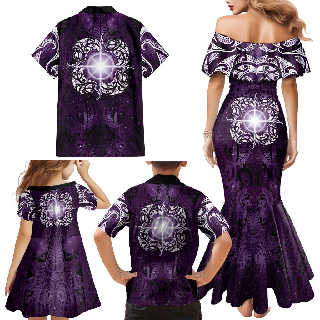 New Zealand Matariki Waipunarangi Family Matching Mermaid Dress and Hawaiian Shirt Maori Moko Purple Galaxy