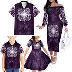 New Zealand Matariki Waipunarangi Family Matching Off The Shoulder Long Sleeve Dress and Hawaiian Shirt Maori Moko Purple Galaxy