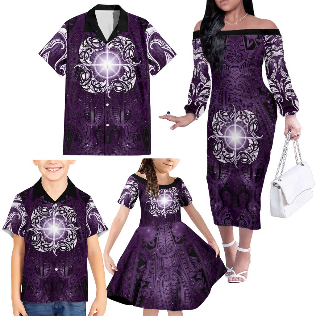 New Zealand Matariki Waipunarangi Family Matching Off The Shoulder Long Sleeve Dress and Hawaiian Shirt Maori Moko Purple Galaxy