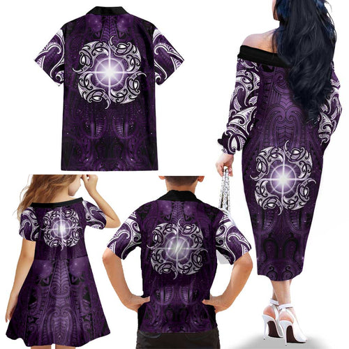New Zealand Matariki Waipunarangi Family Matching Off The Shoulder Long Sleeve Dress and Hawaiian Shirt Maori Moko Purple Galaxy