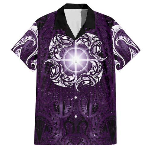 New Zealand Matariki Waipunarangi Family Matching Off The Shoulder Long Sleeve Dress and Hawaiian Shirt Maori Moko Purple Galaxy