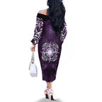 New Zealand Matariki Waipunarangi Family Matching Off The Shoulder Long Sleeve Dress and Hawaiian Shirt Maori Moko Purple Galaxy