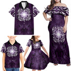New Zealand Matariki Waipunarangi Family Matching Off Shoulder Maxi Dress and Hawaiian Shirt Maori Moko Purple Galaxy