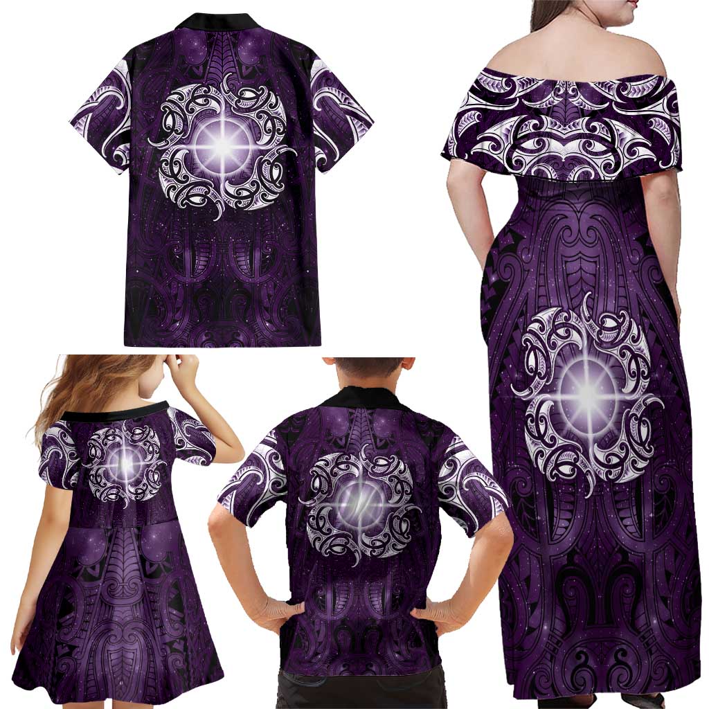 New Zealand Matariki Waipunarangi Family Matching Off Shoulder Maxi Dress and Hawaiian Shirt Maori Moko Purple Galaxy