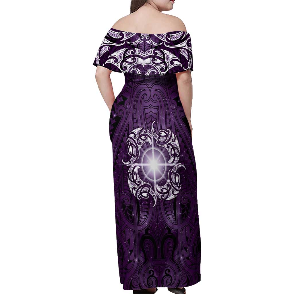 New Zealand Matariki Waipunarangi Family Matching Off Shoulder Maxi Dress and Hawaiian Shirt Maori Moko Purple Galaxy