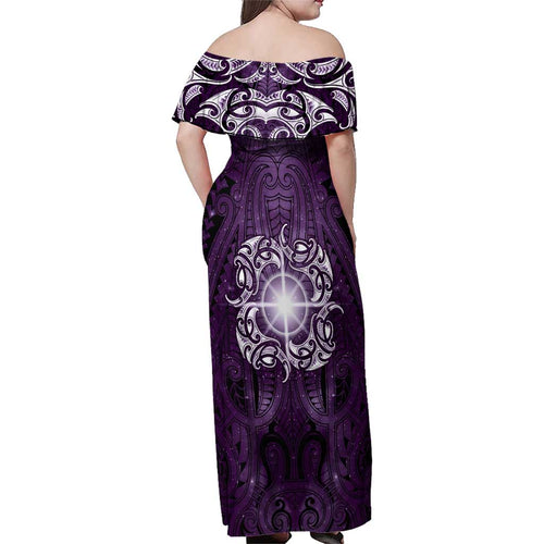 New Zealand Matariki Waipunarangi Family Matching Off Shoulder Maxi Dress and Hawaiian Shirt Maori Moko Purple Galaxy